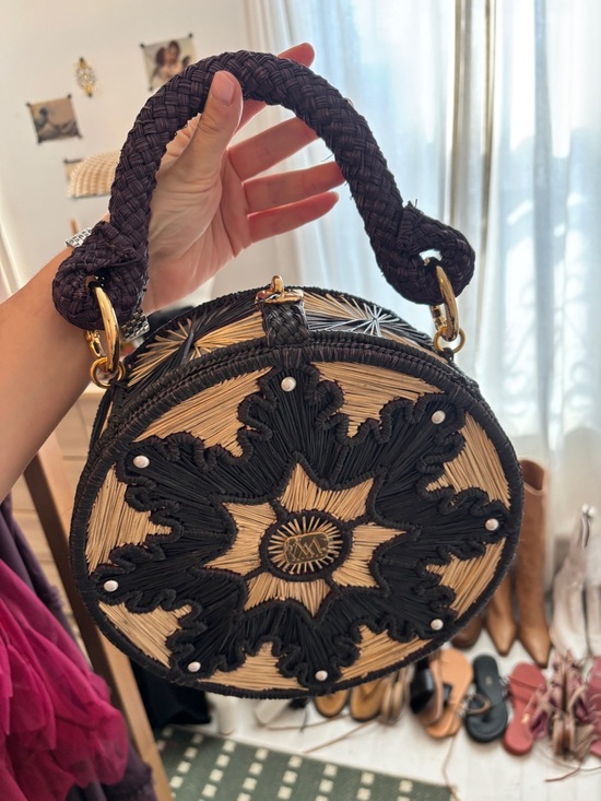 Vintage Handbags - Woven Round Straw Top-Handle Bag - Black & Natural